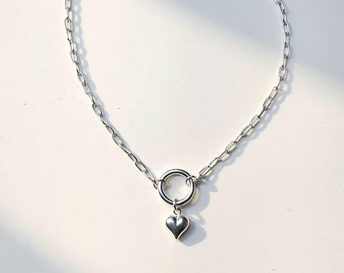 Sterling Silver Heart Necklace | charm clasp, paperclip chain