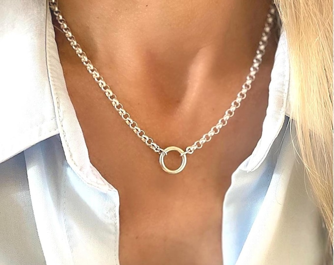 Rolo Charm Clasp Necklace | 4mm Silver Plate Chain, Pendant Holder