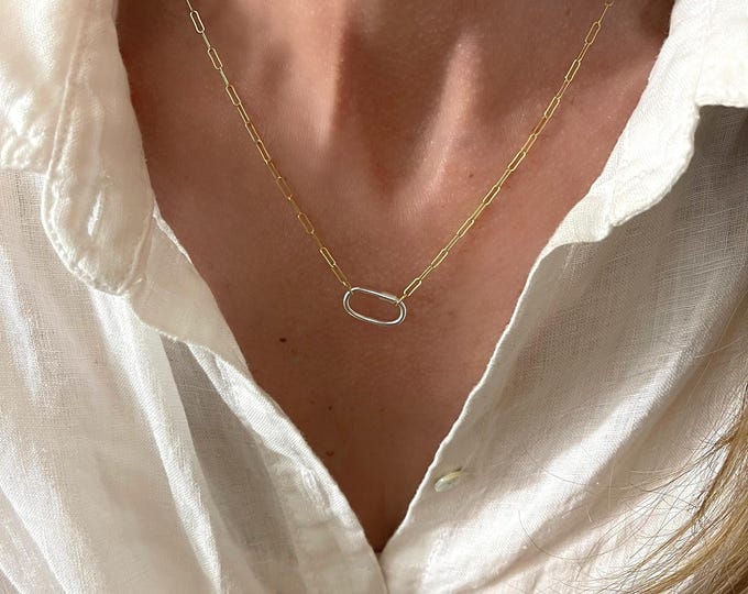 Dainty Gold + Silver Carabiner Necklace | gold filled paperclip chain + 925 silver clasp | unique gift for her
