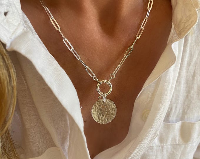 Large Coin Medallion Necklace | Sailor Spring Clasp | Flat Paperclip Chain | 925 sterling silver | 4x11.5mm links