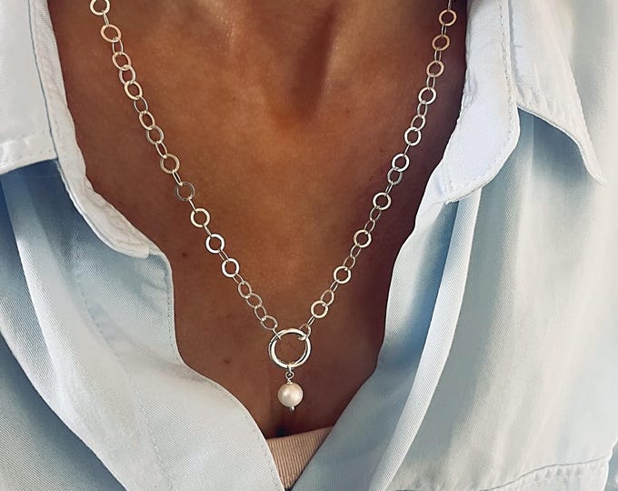 925 Silver Charm Clasp Necklace | removable pearl | lightweight flat round chain