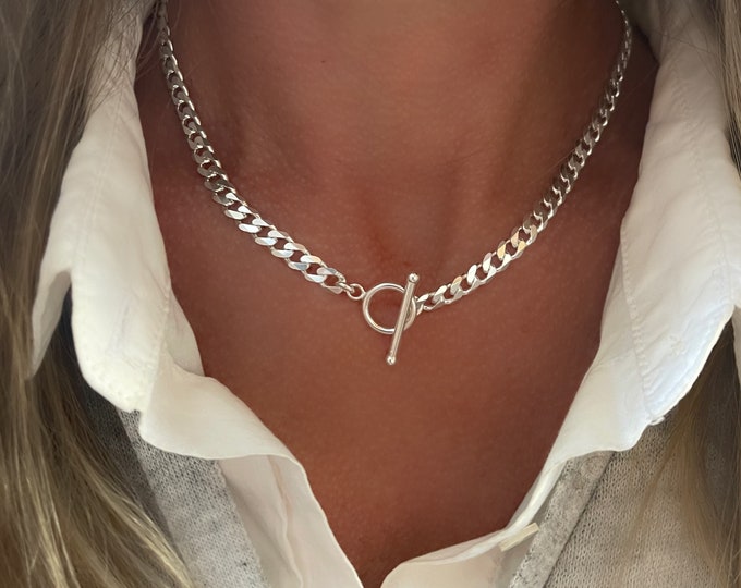 Silver Toggle Curb Chain Necklace | solid 925 sterling silver | 5.8mm wide