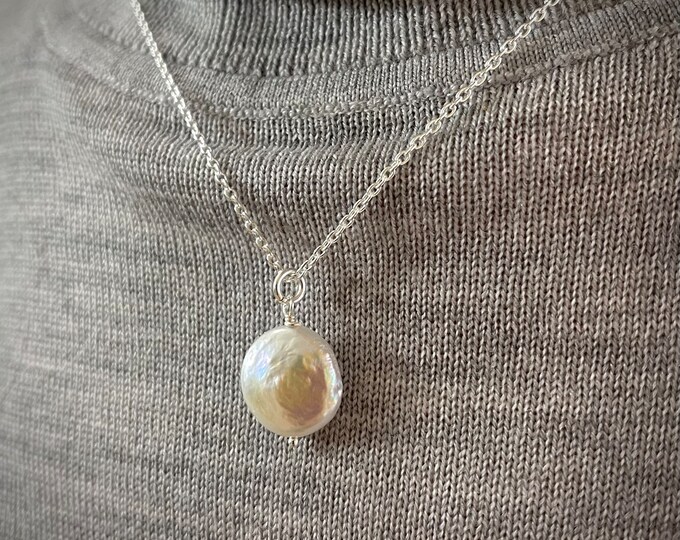 Coin Pearl Necklace | round white pearl pendant | layering necklace | gift for her | classic minimalist | sterling silver