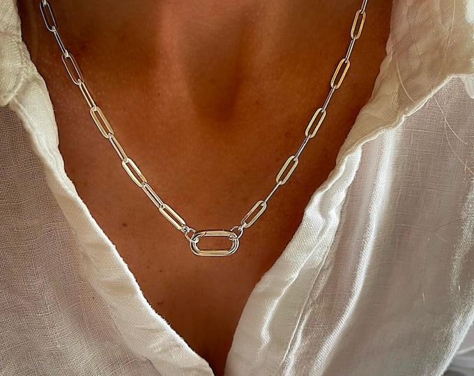Silver Carabiner Clasp Necklace | flat paperclip chain | 3.5mm chain | 925 sterling silver