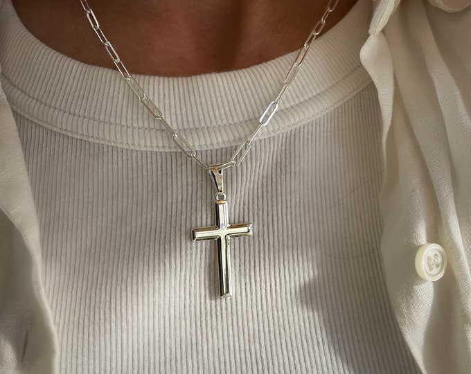 Silver Paperclip Cross Necklace | large removable pendant | 925 sterling silver