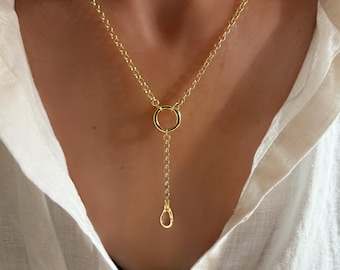Gold Rolo Charm Collector Necklace | Double Clasp, removable extension | 14k gold thick-plate