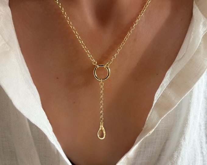 Gold Rolo Charm Collector Necklace | Double Clasp, removable extension | 14k gold heavy-plate