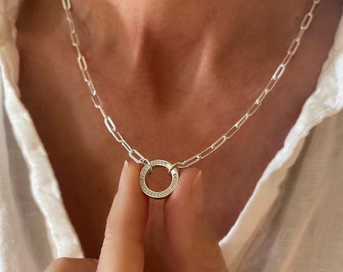 CZ Pave Charm Clasp Paperclip Necklace | 925 sterling silver + cubic zirconia | luxury gift for her