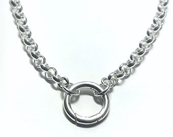 Sterling Silver Rolo Charm Clasp Necklace | 4mm wide