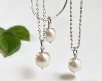 Pearl Pendant Necklace • single white pearl • silver rope chain • gift for her