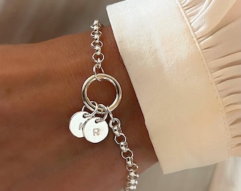 925 Silver Initial Charm Bracelet | charm holder clasp | 4mm rolo chain