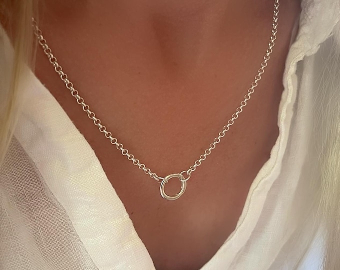 Sterling Silver Rolo Charm Clasp Necklace | silver or gold charm clasp