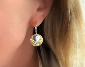 Gold and Silver Medallion Drop Earrings | secure lever back ear hooks
