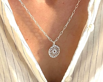 Sterling Silver Mandala Necklace | Dainty Paperclip Chain