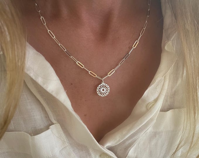 Silver Mandala Paperclip Chain Necklace | 925 sterling silver | 3.5mm links