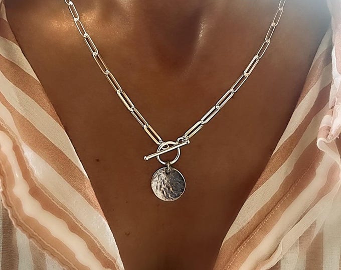 Sterling Silver Toggle Medallion Necklace | thick flat paperclip chain 4x11.5mm