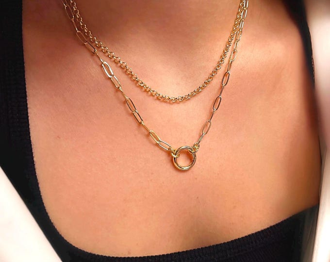 Gold Paperclip Charm Clasp Necklace | 14k Gold Heavy-Plate Chain
