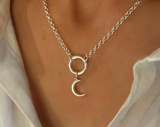 Silver Moon, Rolo Chain Necklace | charm keeper clasp | 2 metal options
