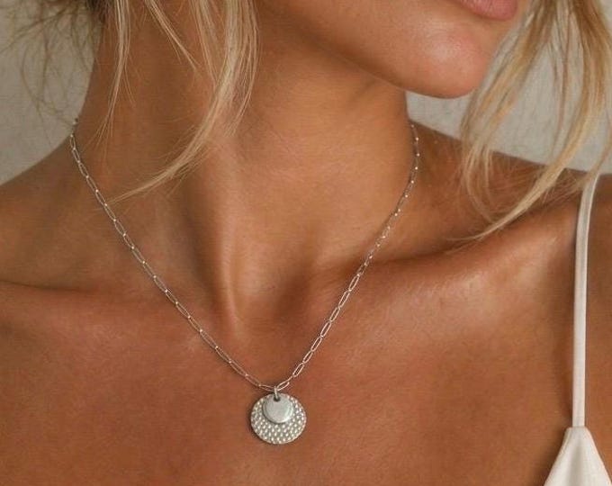 925 Silver Layered Medallion Necklace | dainty paperclip chain