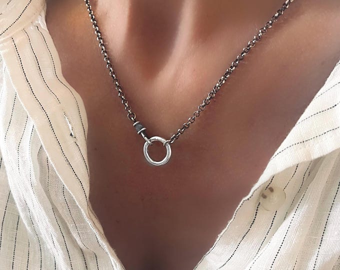 Oxidized Sterling Silver Rolo Chain Necklace | Double Charm Clasp, 2.8mm Belcher Chain