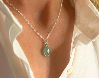 Sterling Silver Aqua Chalcedony Necklace | teardrop pendant | dainty jewelry| gift for her