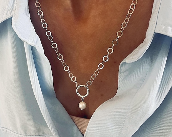 925 Silver Charm Clasp Necklace | optional pearl | lightweight flat round chain