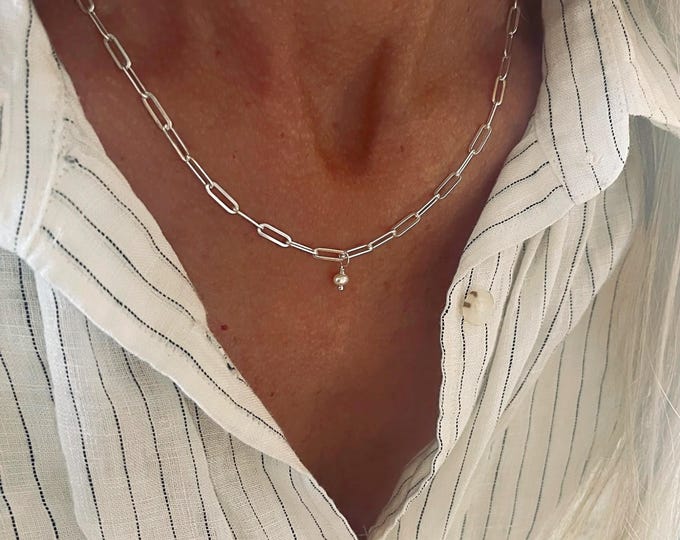 Sterling Silver Paperclip Necklace | removable seed pearl charm | flat 3.5mm chain