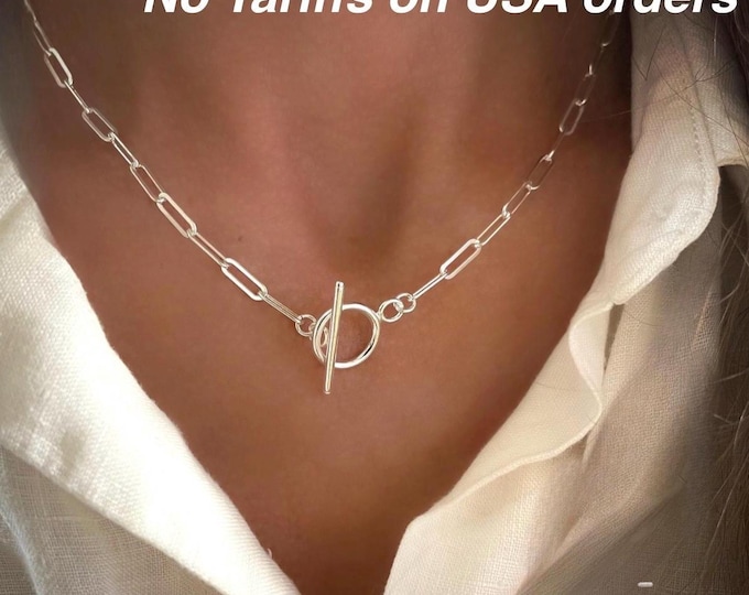 925 Silver Flat Paperclip Toggle Necklace | NO TARIFFS on USA Orders
