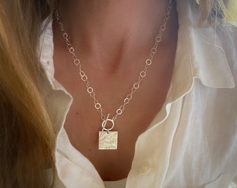 Sterling Silver Toggle Clasp Necklace | square medallion pendant | 925 sterling silver | lightweight chain