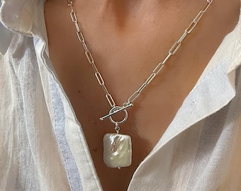 Silver Toggle Pearl Necklace | large baroque pearl | 2 metal options