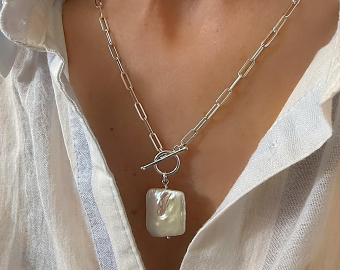 925 Silver Toggle Pearl Necklace | large baroque square pearl