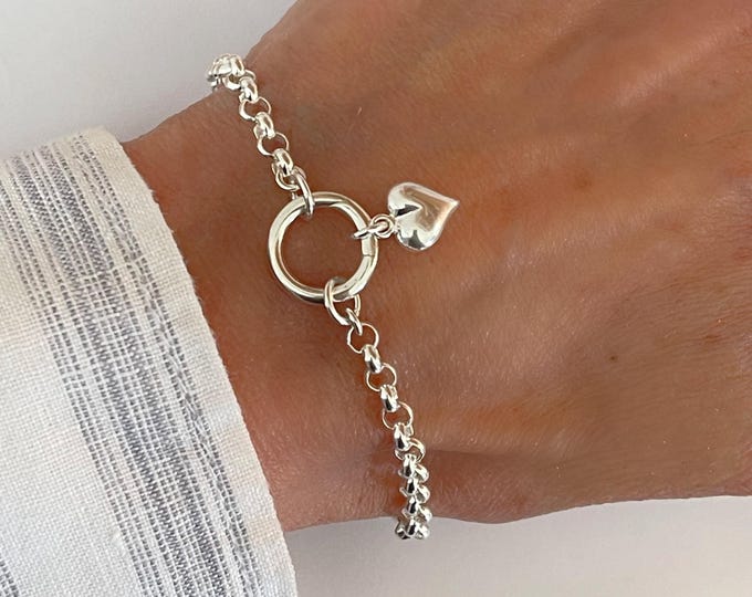 925S Rolo Charm Clasp Bracelet with Removable Puffy Heart Charm | 925 sterling silver | 4mm width