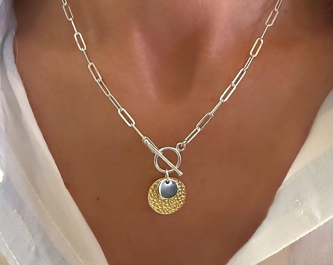 925 Silver Medallion Toggle Paperclip Necklace