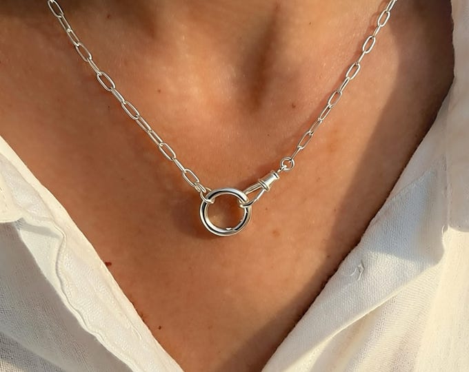 Sterling Silver Double Charm Clasp Necklace | paperclip chain, 2.5mm Wide