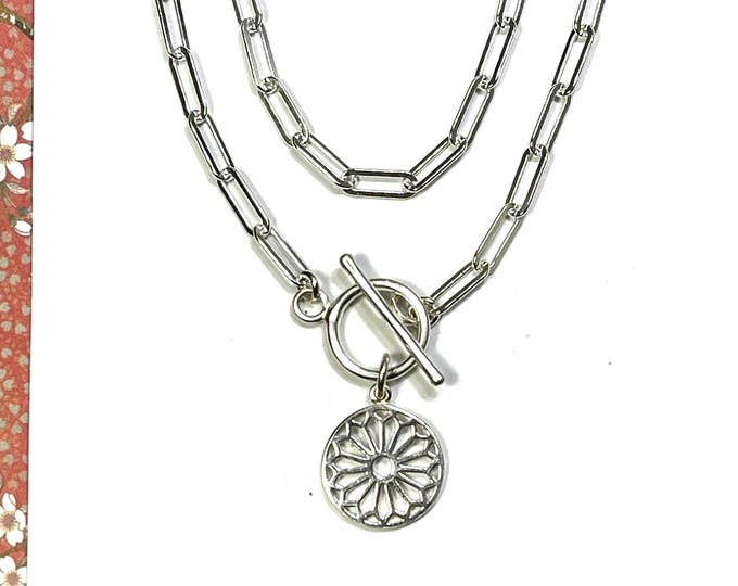 925 Sterling Silver Paperclip Toggle Medallion Necklace • 3.5 mm Chain • Mandala Pendant