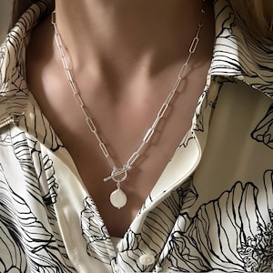 Collier chaîne trombone à bascule en argent | Pièce de monnaie perle