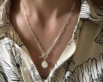Silver Toggle Paperclip Chain Necklace | Coin Pearl