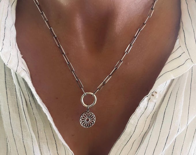 Oxidized Sterling Silver Charm Clasp Necklace | Mandala Medallion Pendant | paperclip chain