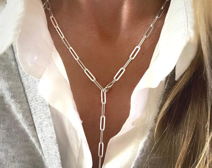 Silver Flat Paperclip Y Necklace | Lariat chain | 925 sterling silver