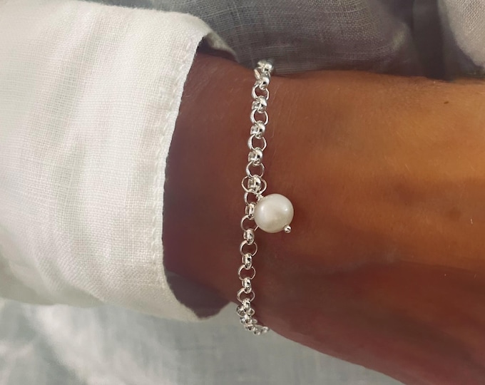 925 Silver Bracelet | removable pearl |4mm rolo chain | solid sterling silver |
