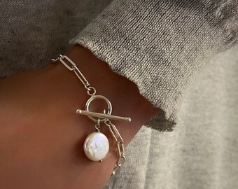 Silver Paperclip Pearl Toggle Bracelet | flat drawn cable chain | 925 sterling silver | gift for her