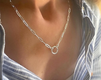Sterling Silver Paperclip Necklace | Charm Collector Clasp