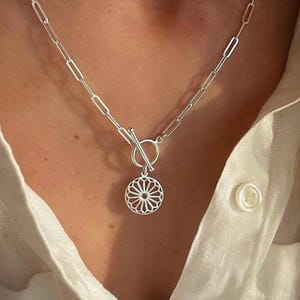 Silver Toggle Paperclip Necklace | Sunburst Pendant | 2 silver metal options