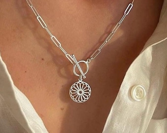 Silver Toggle Paperclip Necklace | Mandala Pendant | 2 silver metal options