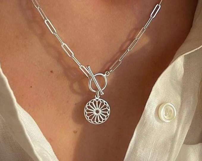 Silver Toggle Paperclip Necklace | Mandala Pendant | 2 silver metal options