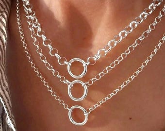 Rolo Charm Clasp Necklace | Silver Premium Plate | lightweight design, high polish finish