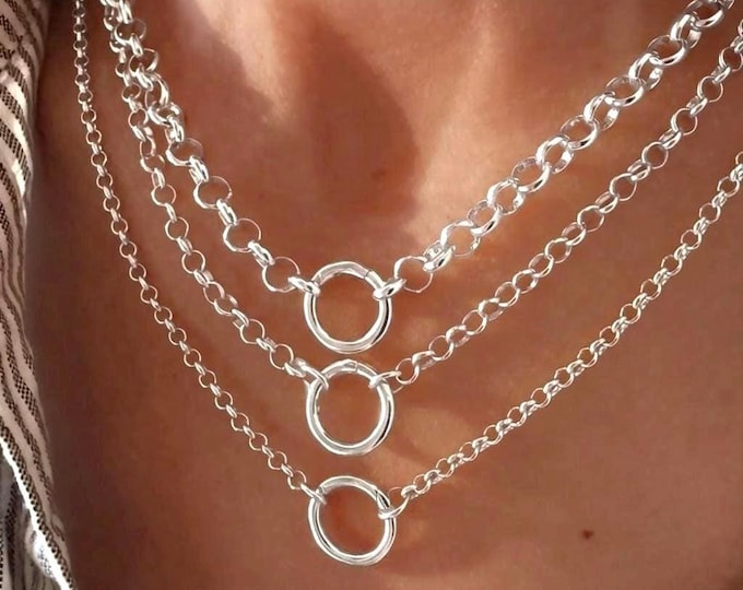Rolo Charm Clasp Necklace | Silver Premium Plate | lightweight design, high polish finish