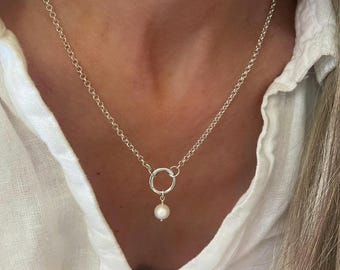 Silver Rolo Charm Clasp Necklace | removable pearl pendant | 925 sterling silver | 2.5mm chain width