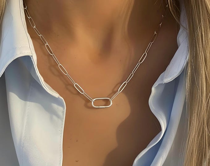 Carabiner Paperclip Necklace | 925 Silver Heavy Plate, Add Charms