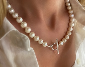 Genuine Pearl Toggle Clasp Necklace | individually knotted 9-10mm pearls | 3 length options | 925 sterling silver